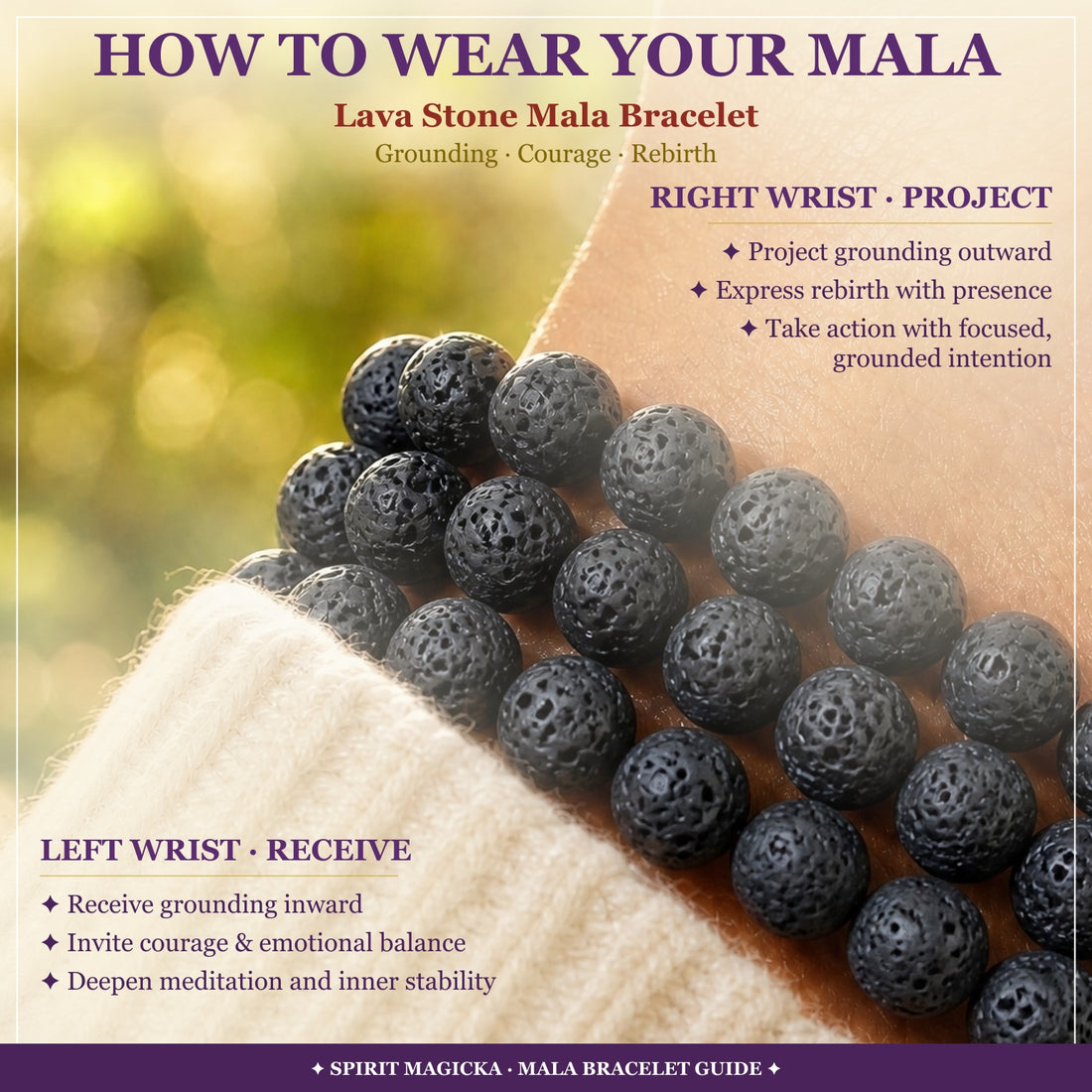 Close view of lava stone bead bracelets stacked on a wrist above a cream knit sleeve