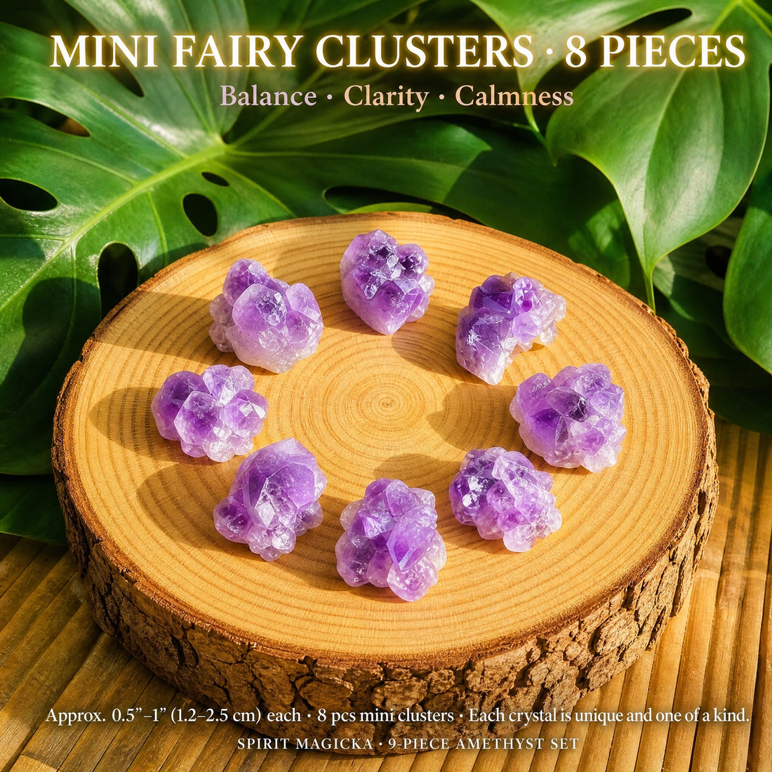 Eight mini amethyst fairy clusters in a ring on a wood slice, each a small bloom of lavender crystal tips