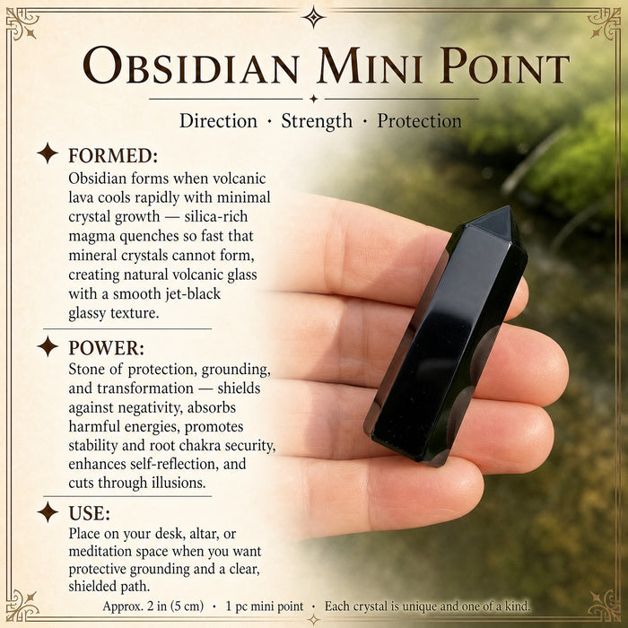 The obsidian mini point held between fingers