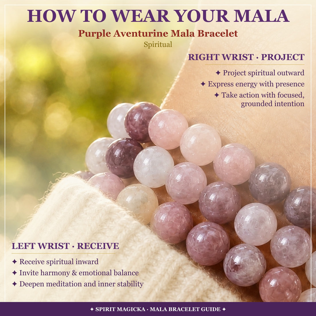 Purple aventurine bead bracelets worn stacked on a wrist above a cream knit sleeve, with a guide to wearing on the left or right wrist