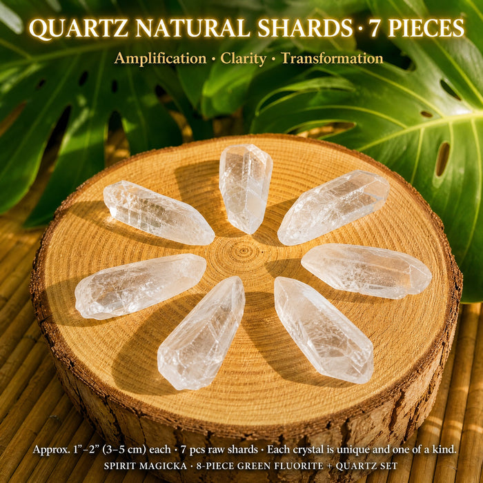 Seven clear quartz shards arranged in a circle on a wood slab