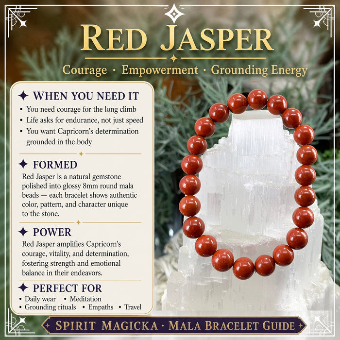 Red jasper bead bracelet on a selenite tower