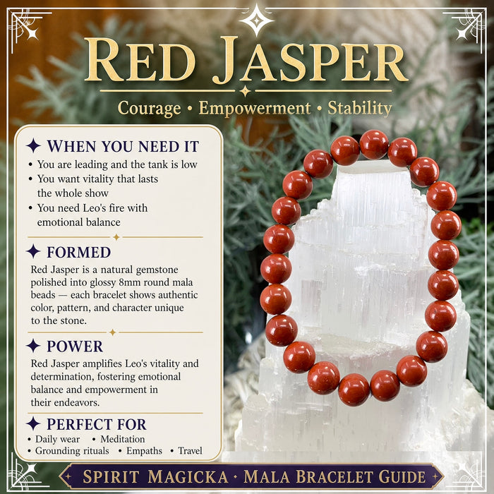 Red jasper bead bracelet on a selenite tower