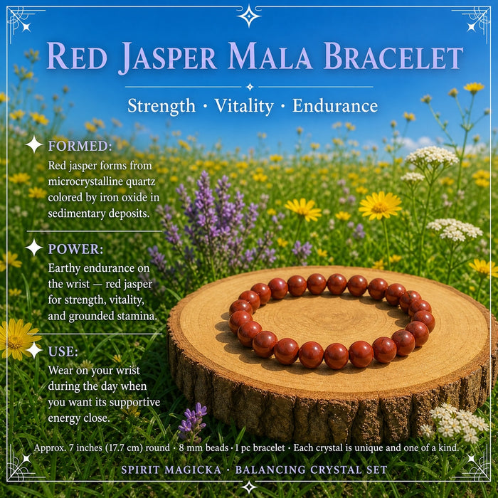 A brick-red red jasper bead bracelet on a wood slice