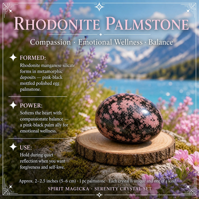 Polished egg-shaped rhodonite palmstone, pink mottled with black