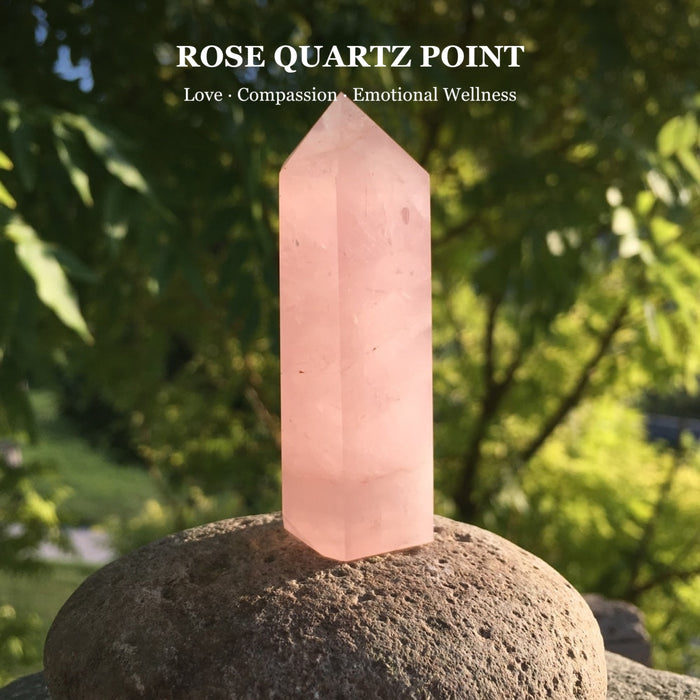 A soft pink rose quartz point on a stone outdoors