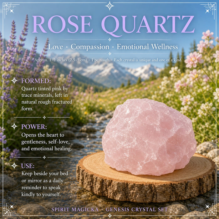 Rough pink rose quartz chunk on a wood slice
