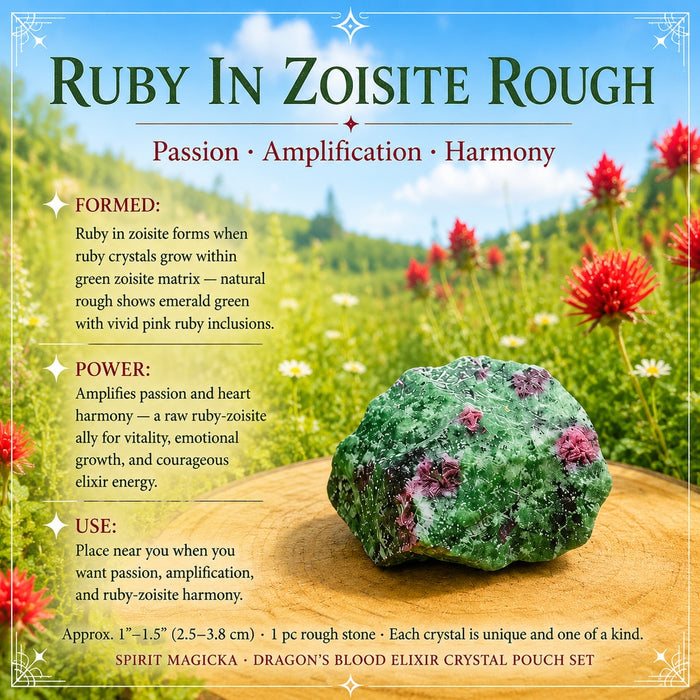 Raw ruby in zoisite stone, emerald green with pink ruby inclusions