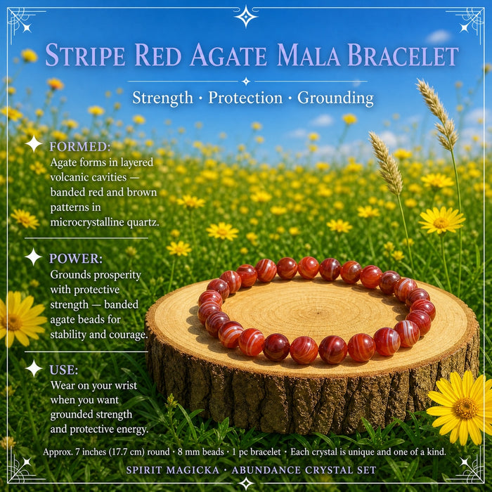A stripe red agate bead bracelet with banded red and white beads on a wood slice in a meadow