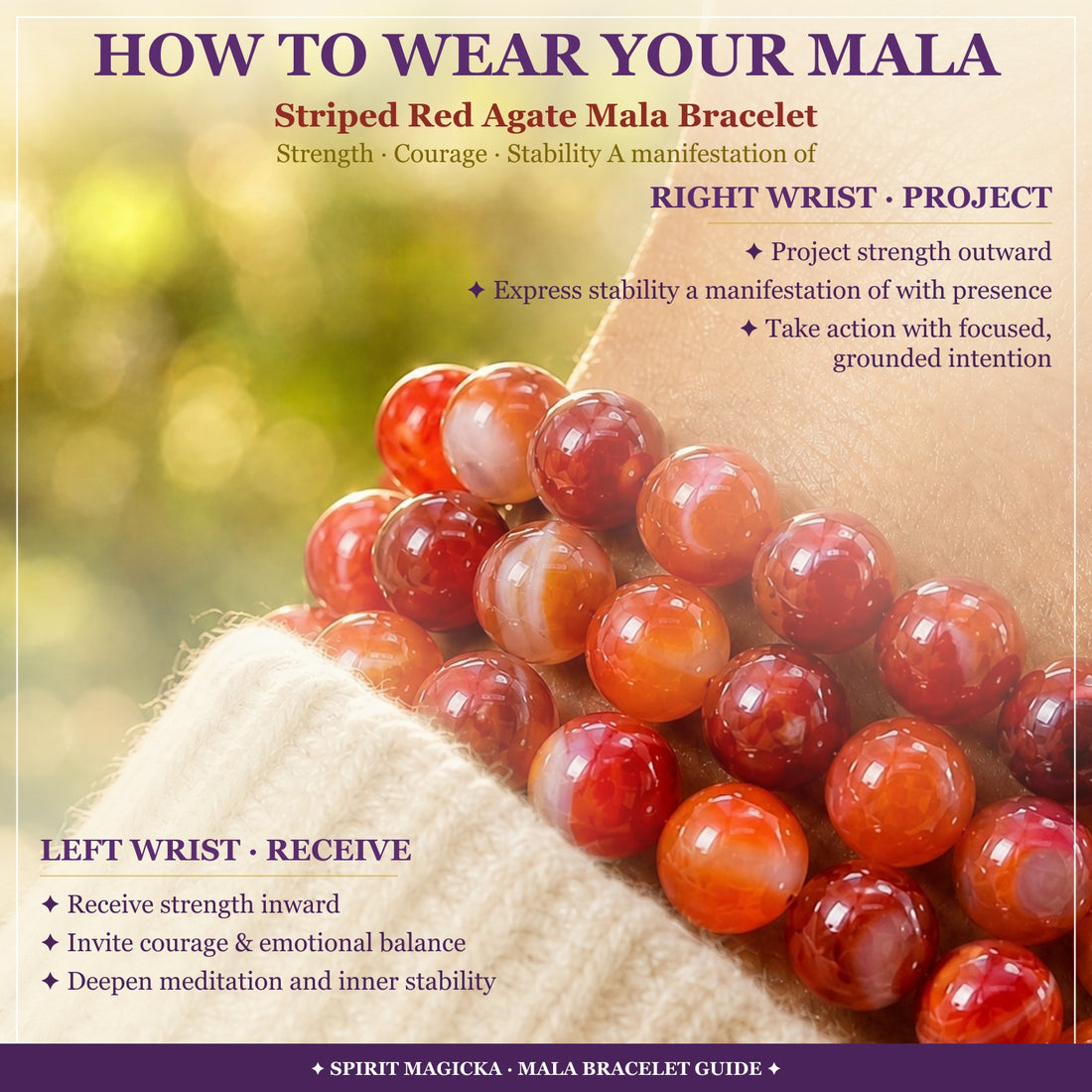 Striped red agate bead strands worn on a wrist beside a cream knit sleeve, with a guide to wearing the mala on the left or right wrist