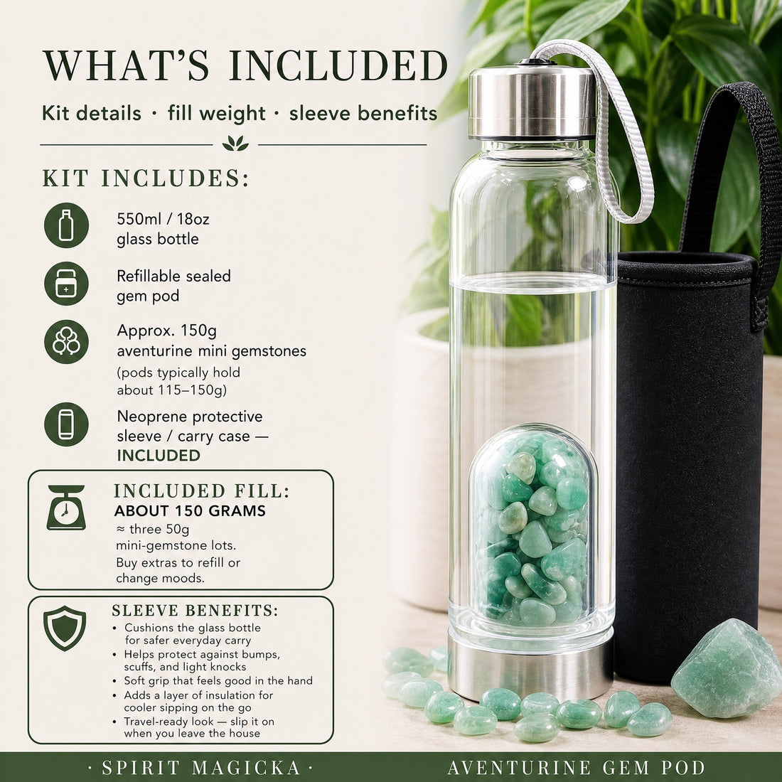 Gem pod water bottle filled with green aventurine mini stones, standing beside its black neoprene carry case