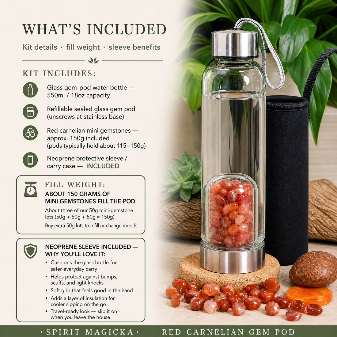 The red carnelian gem pod bottle filled with water beside its black neoprene carry sleeve, with loose carnelian mini stones in front
