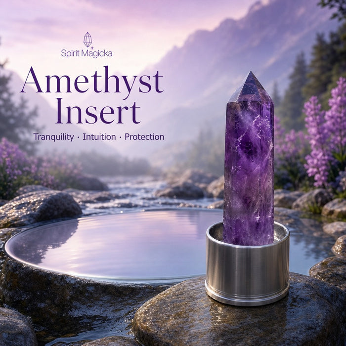 Amethyst insert on a wet stone beside a mountain stream