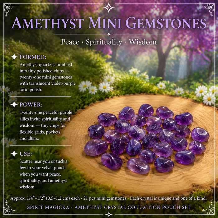 Twenty-one small tumbled violet amethyst gemstones on a wood slice