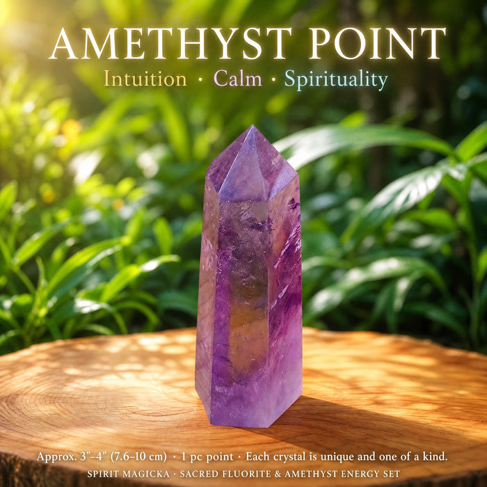 Amethyst point in clear violet, on a wooden table