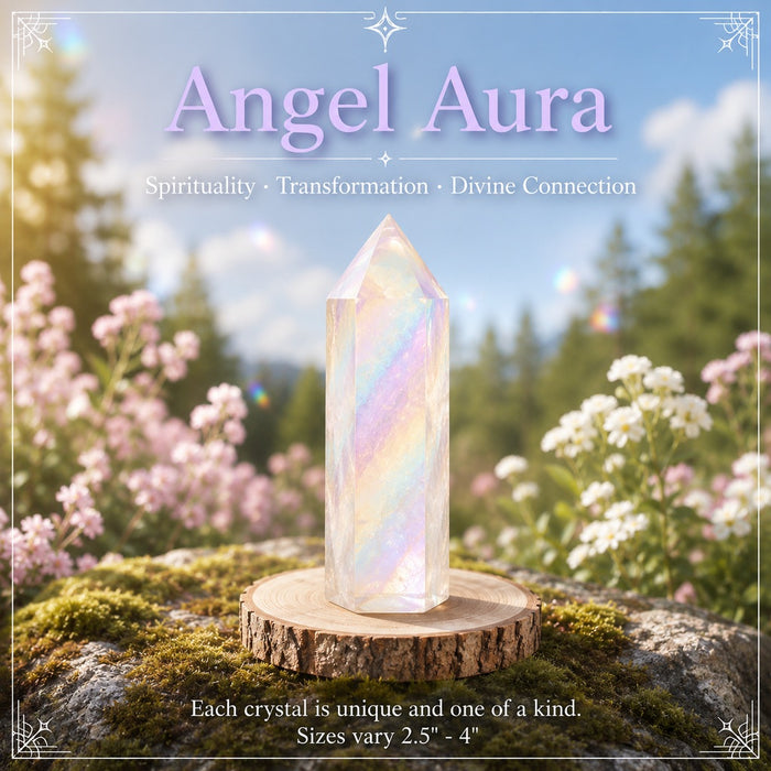 Angel Aura crystal point with a rainbow sheen
