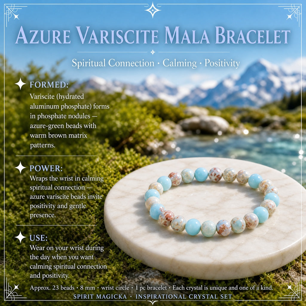 Azure variscite mala bracelet of sky blue and cream beads with brown matrix on a marble disc