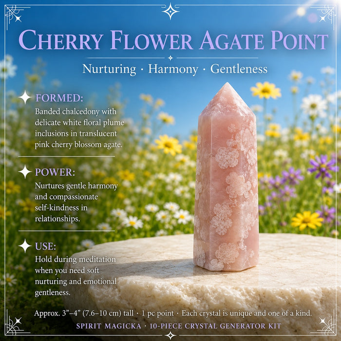 Pink cherry flower agate point with white floral inclusions on a stone in a meadow