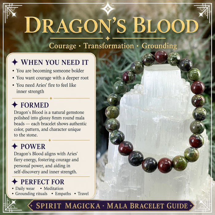 Dragon’s blood bracelet of mossy green and deep red beads on a selenite tower