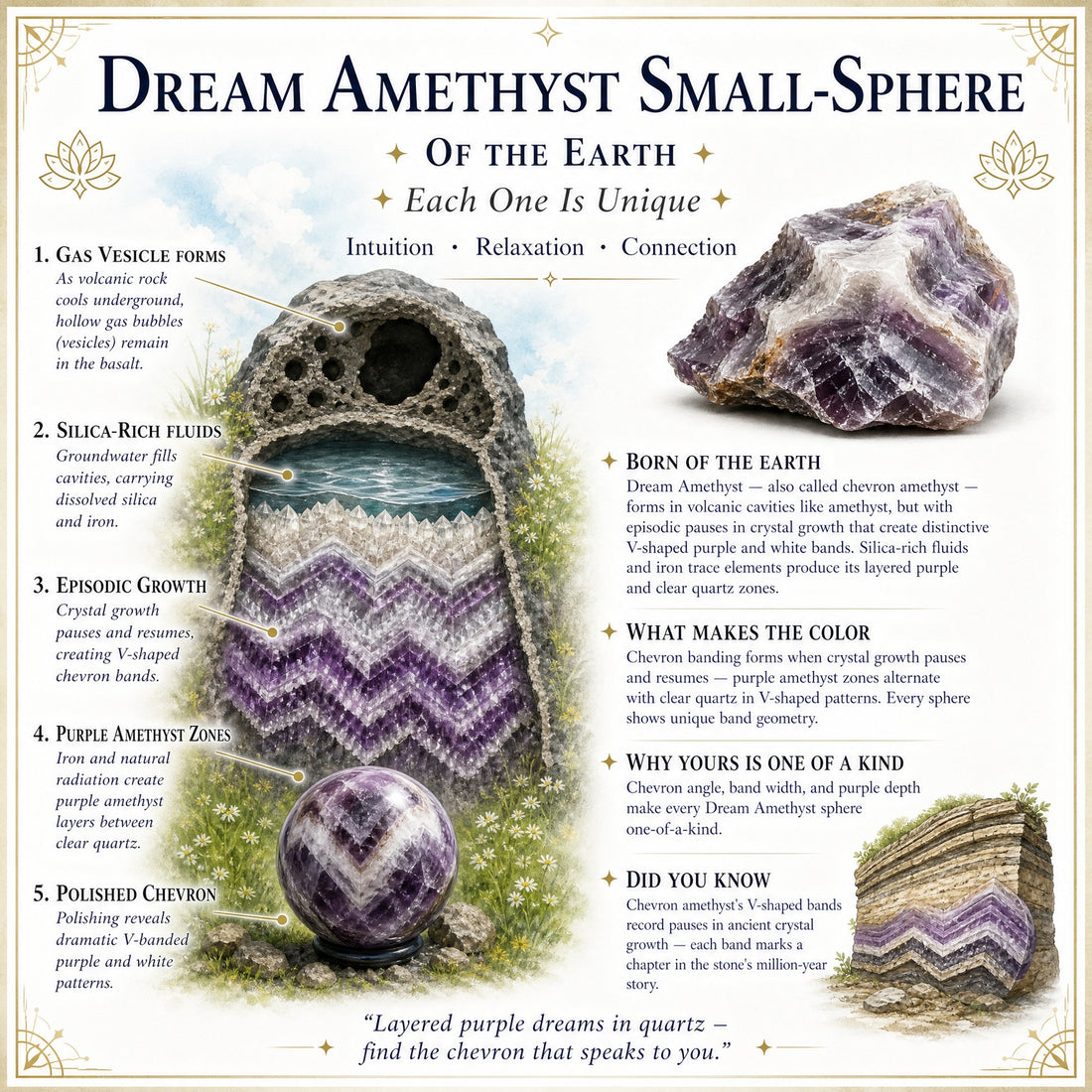 Illustrated cross-section of chevron amethyst forming in layered purple and white bands inside rock, beside a polished dream amethyst sphere