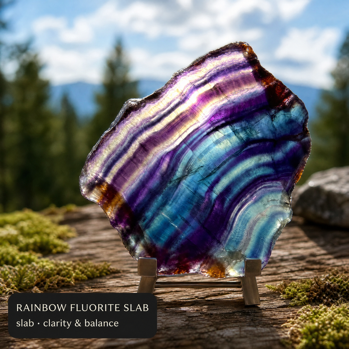 A polished rainbow fluorite slab with purple, blue and green bands