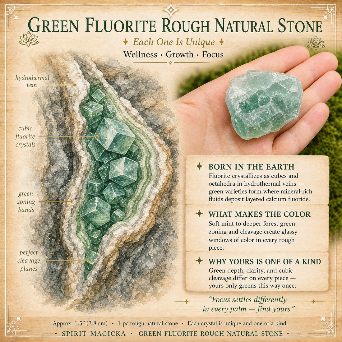 Illustrated guide to green fluorite forming as cubic crystals in a mineral vein, beside a rough green fluorite piece resting in an open palm