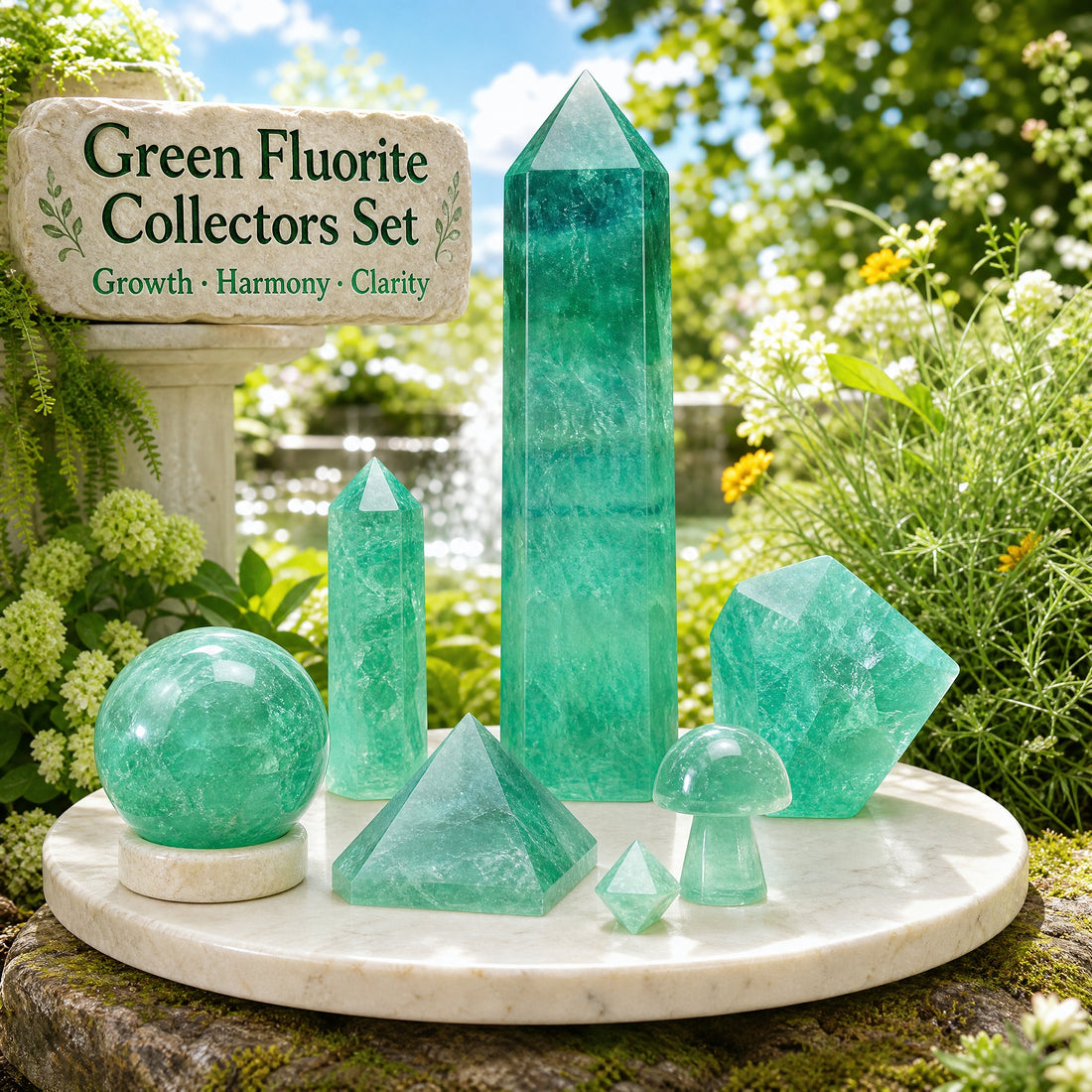 The full green fluorite kit on a round marble platter in a sunlit garden: a tall generator, a point, a faceted chunk, a sphere, a pyramid, a mushroom and a tiny octahedron