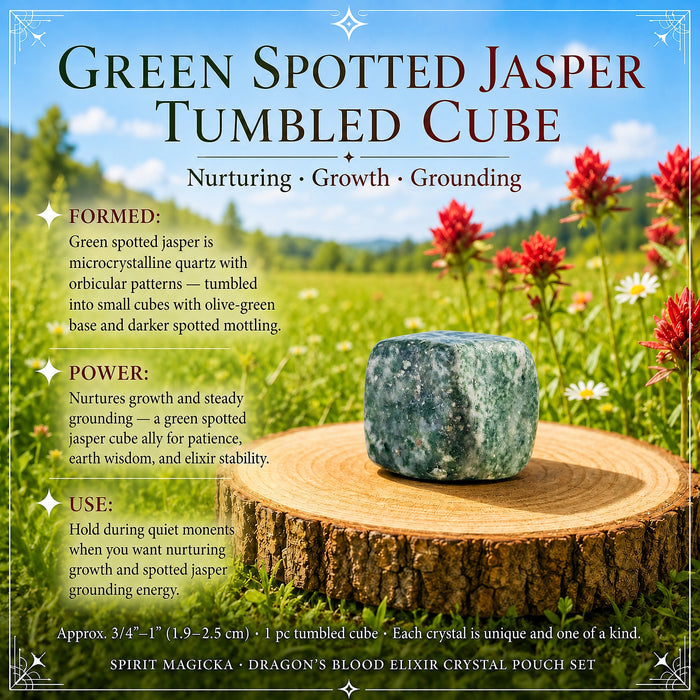Green spotted jasper tumbled cube on a wood slice
