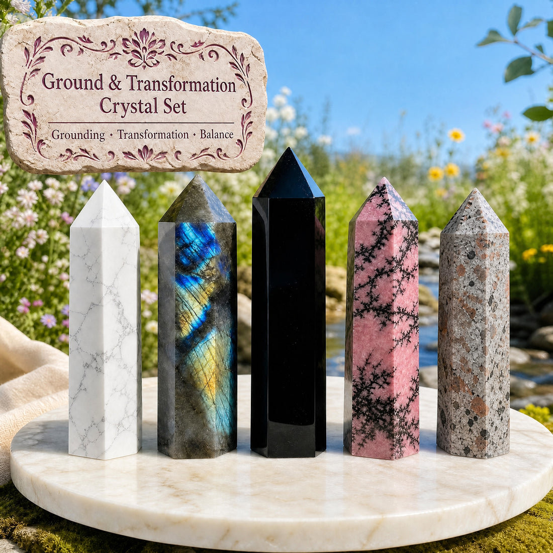Five crystal points standing in a row on a marble dish: white howlite, flashing labradorite, black obsidian, pink rhodonite and speckled grey yooperlite
