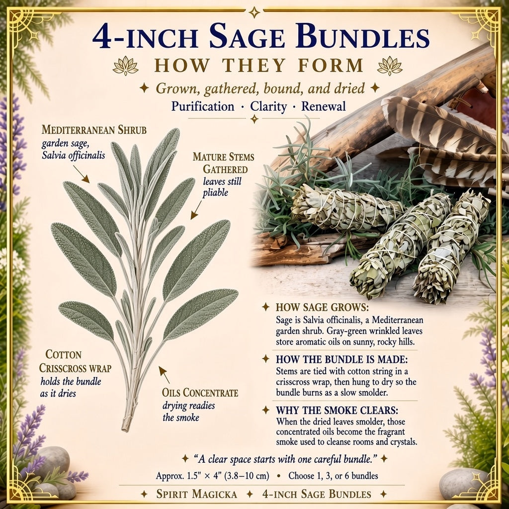 Illustrated guide to how the sage bundles form: a sage sprig, gathered stems, a cotton crisscross wrap and finished dried bundles