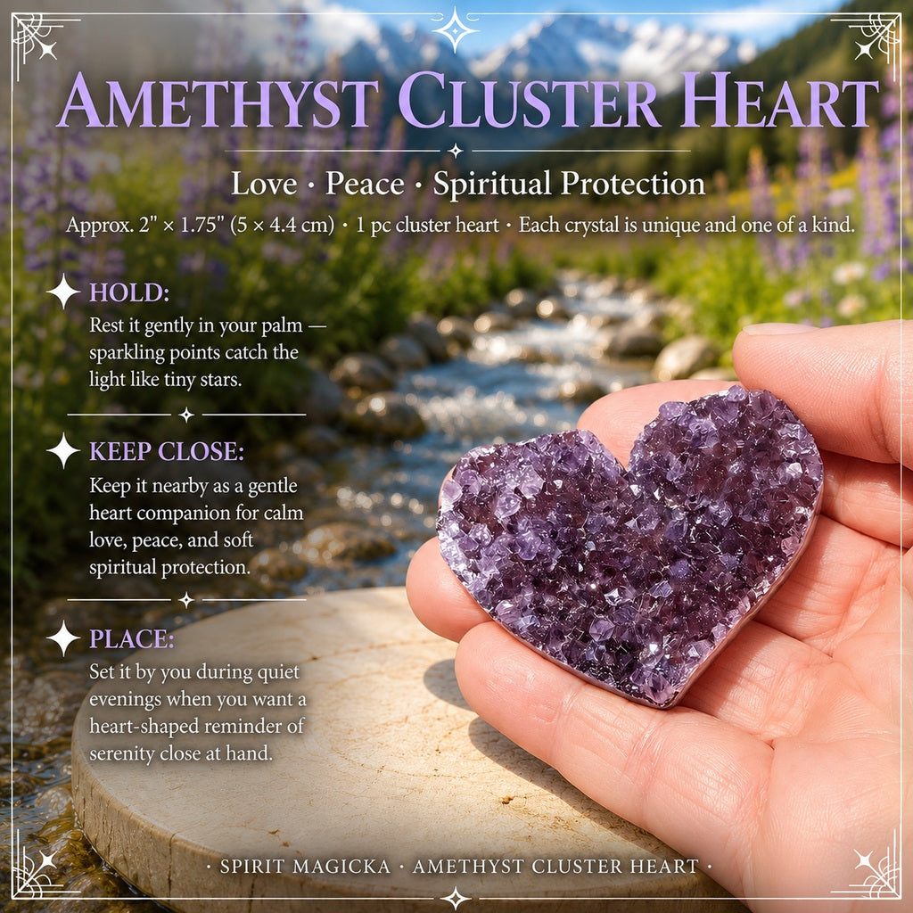 The amethyst cluster heart resting in an open hand, showing its palm-sized scale