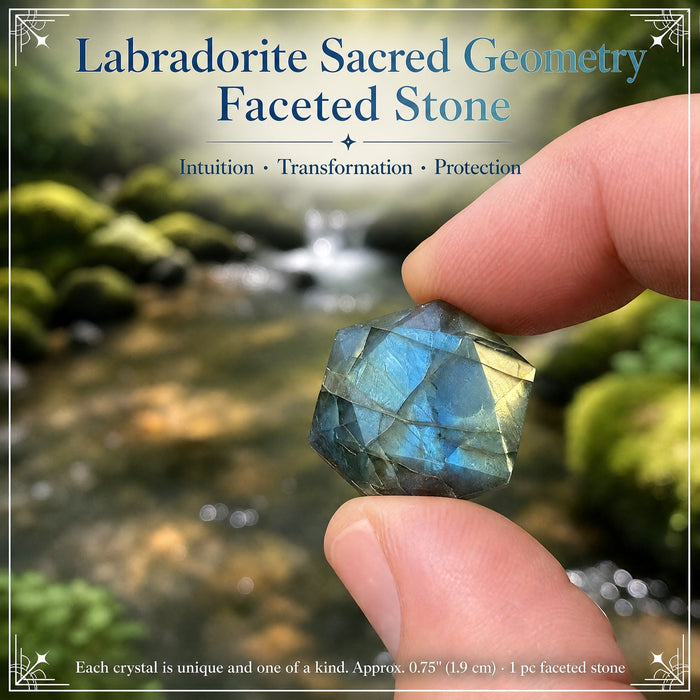 Faceted sacred geometry labradorite stone flashing blue, held between two fingers