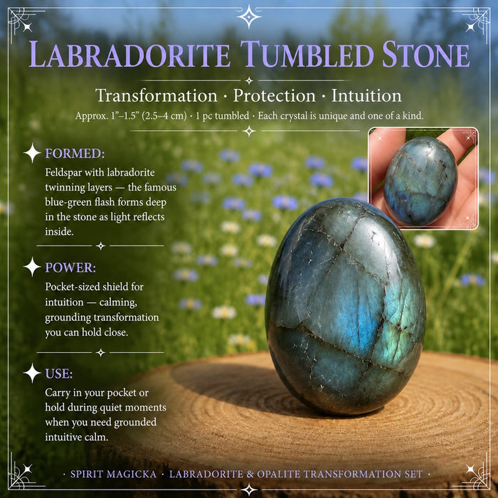 Smooth oval labradorite tumbled stone with blue-green flash on a wooden round