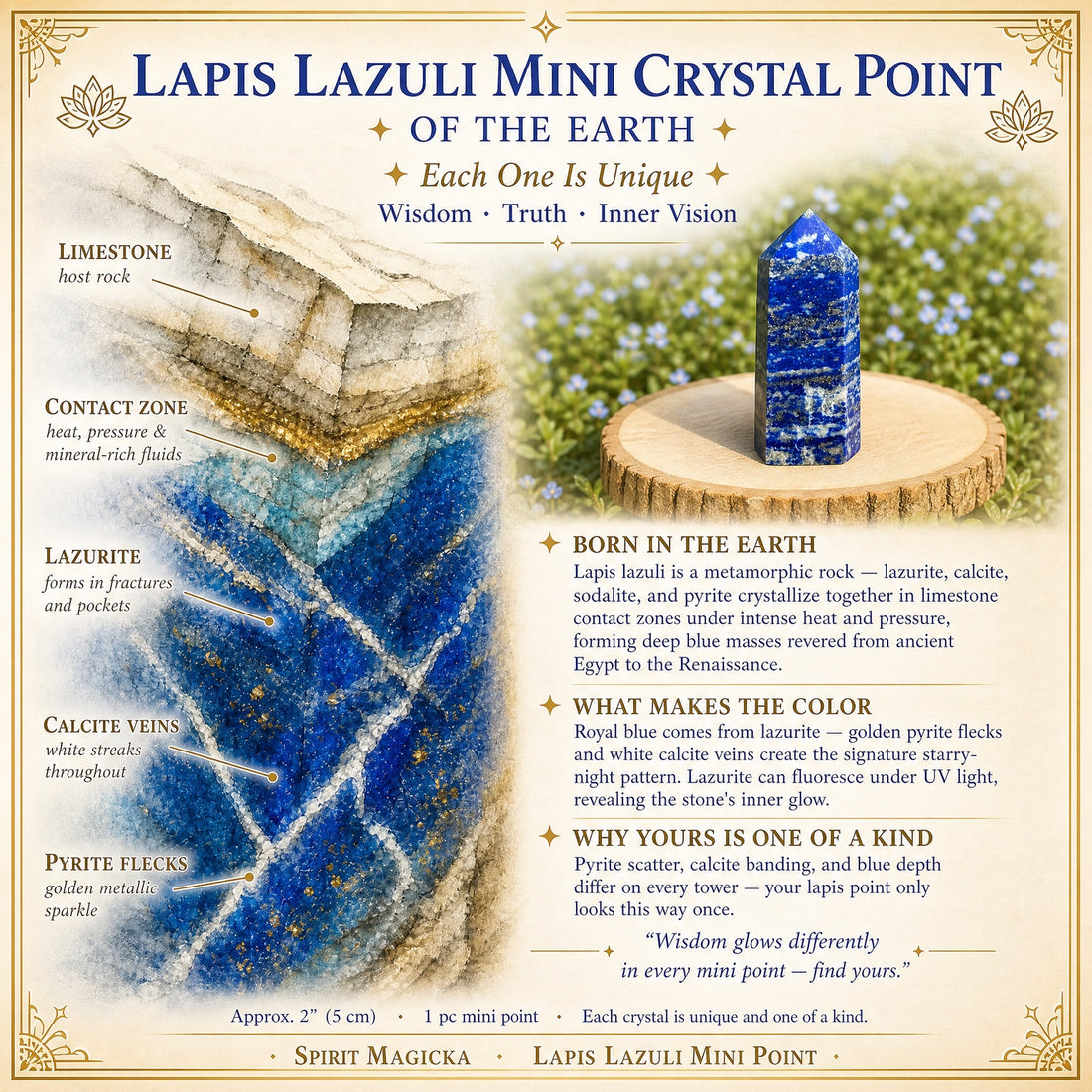 Illustration of lapis lazuli forming in layered rock with blue lazurite, white calcite veins and golden pyrite flecks, beside a lapis mini point on a wood slice