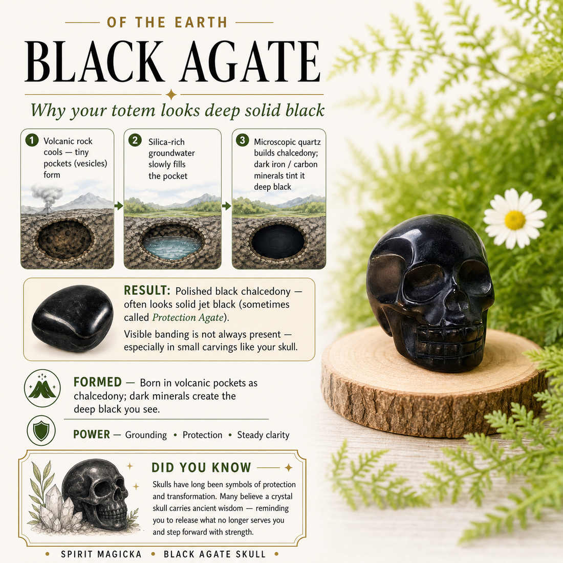 Illustrated guide to how black agate forms, beside the black agate skull on a wood slice