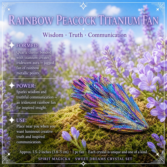 A rainbow peacock titanium crystal fan with iridescent blue, purple and gold blades on moss