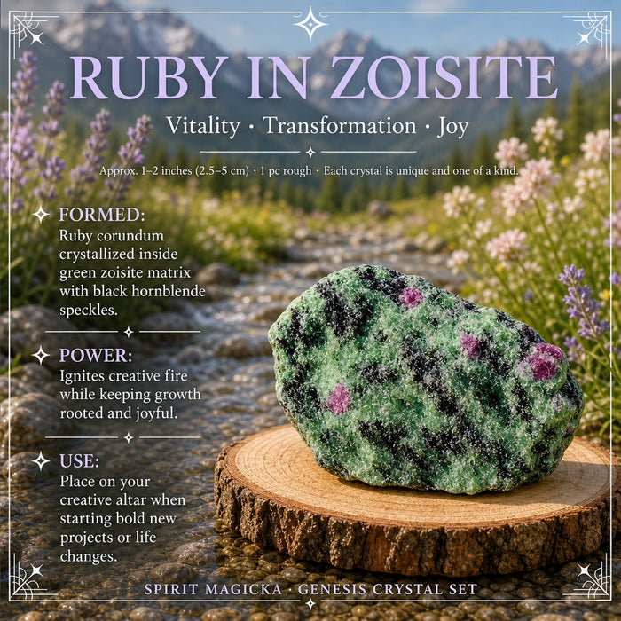 Rough green ruby in zoisite with pink ruby spots and black flecks on a wood slice