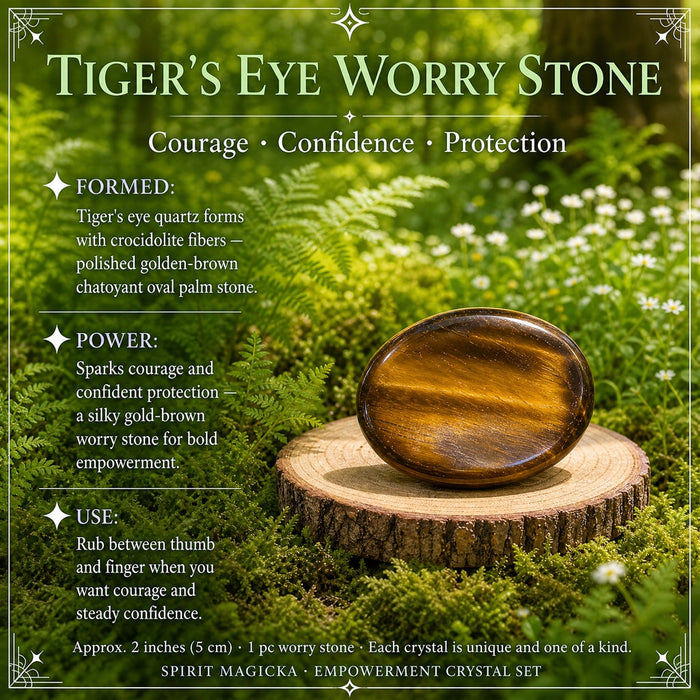 A polished golden-brown tiger eye oval worry stone on a wood slice