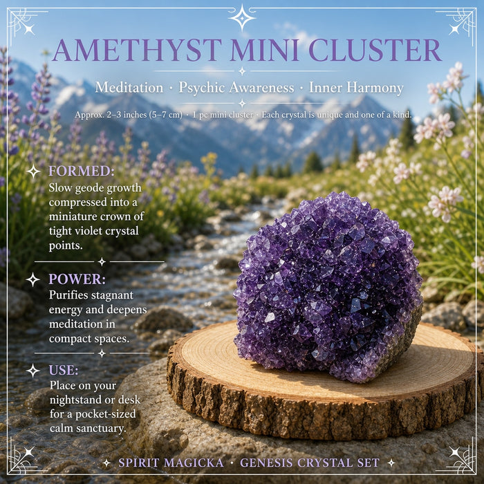 Deep purple amethyst mini cluster covered in small crystal points on a wood slice
