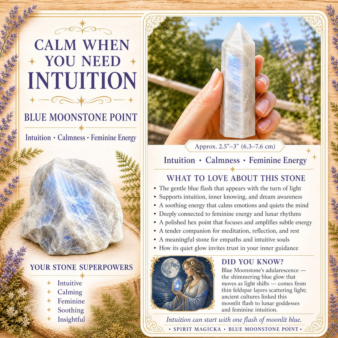 A hand holding a polished blue moonstone point outdoors, a blue sheen showing on its face
