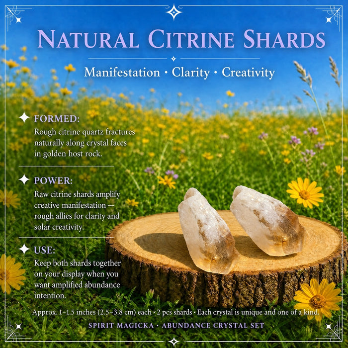 Two rough natural citrine shards with golden-brown tips on a wood slice in a meadow