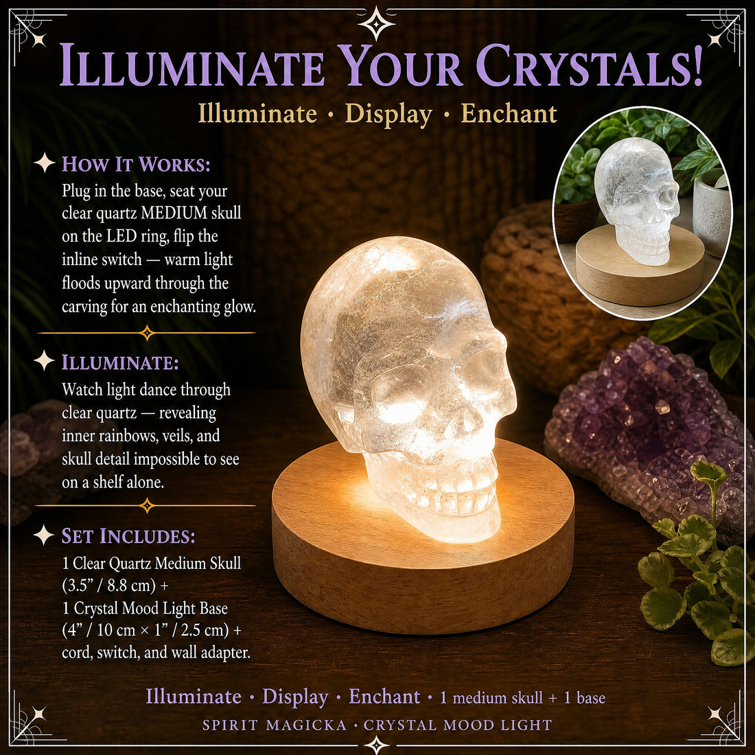 A carved clear quartz skull glowing warm white on a round wooden light base
