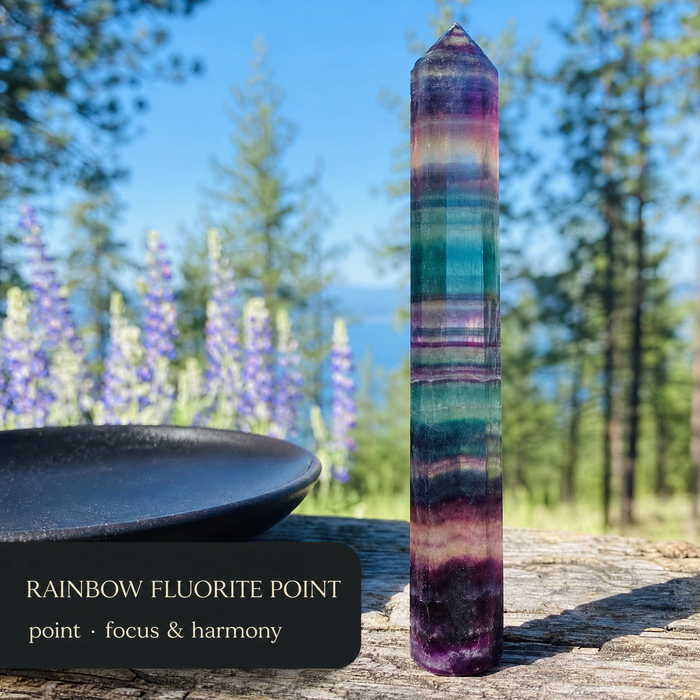 A tall banded rainbow fluorite point among trees and lupines