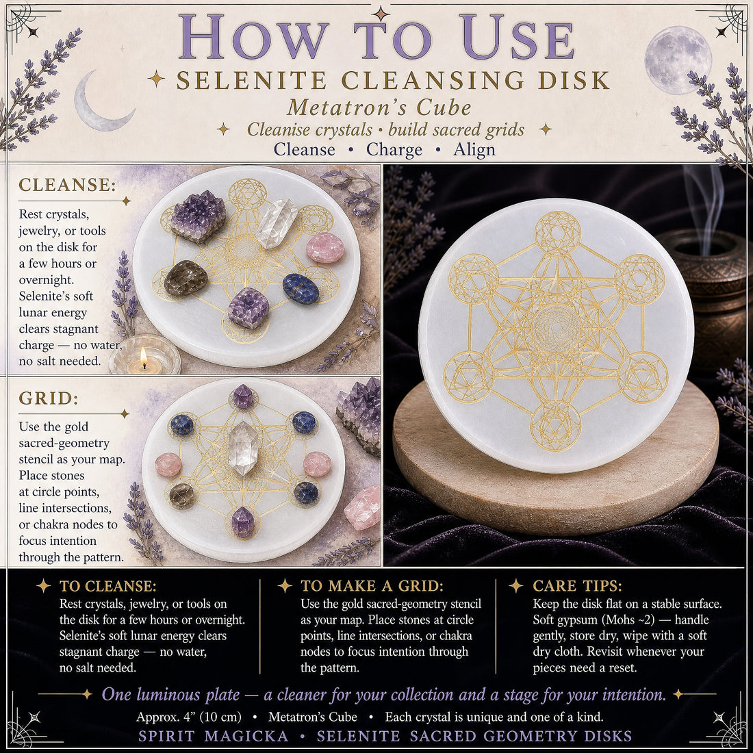 Two ways to use the selenite disk: crystals resting on it to cleanse, and stones set on the gold Metatron’s Cube as a grid