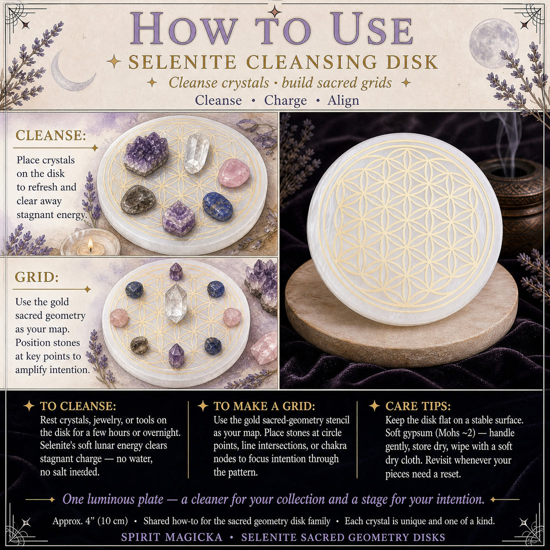 How-to-use illustration: crystals resting on the Flower of Life disk to cleanse, and stones arranged on the gold pattern as a crystal grid