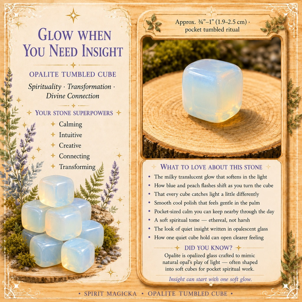 An opalite cube glowing on a wood slice, beside a stack of opalite cubes among lavender and ferns