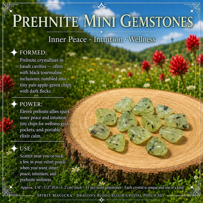 Small tumbled apple-green prehnite gemstones with dark flecks on a wood slice