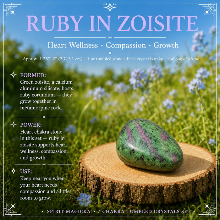 A green ruby in zoisite tumbled stone streaked with magenta, on a wood slice in a meadow