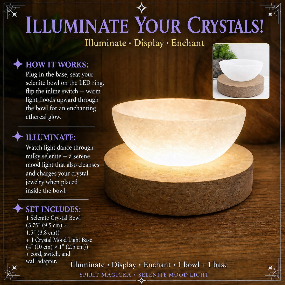 The selenite bowl glowing warm white on its lit wooden base