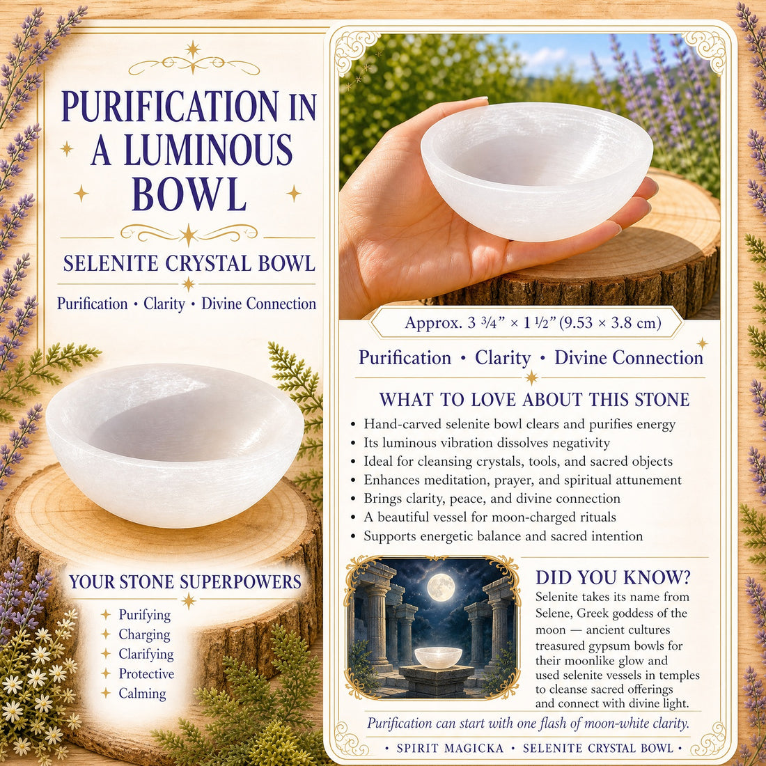 The selenite bowl held in an open hand outdoors, beside a second view of the bowl on a wooden slice